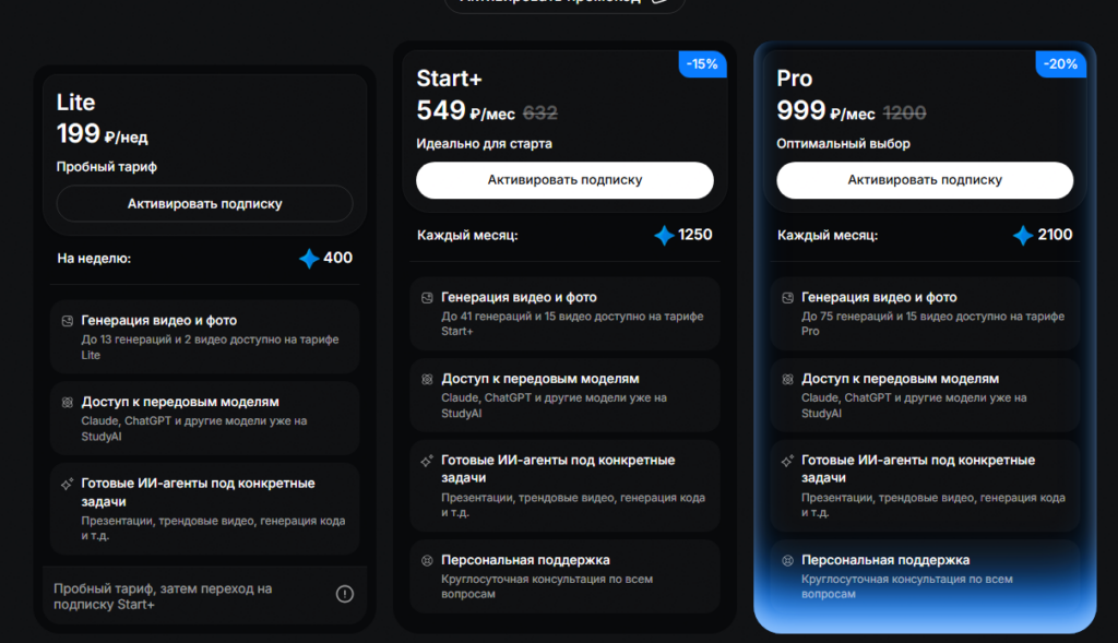 Тарифы StudyAI: цены и токены
